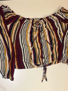 Rewind Striped Off-Shoulder Tie-Front Crop Top - Burgundy/Navy/Mustard/White